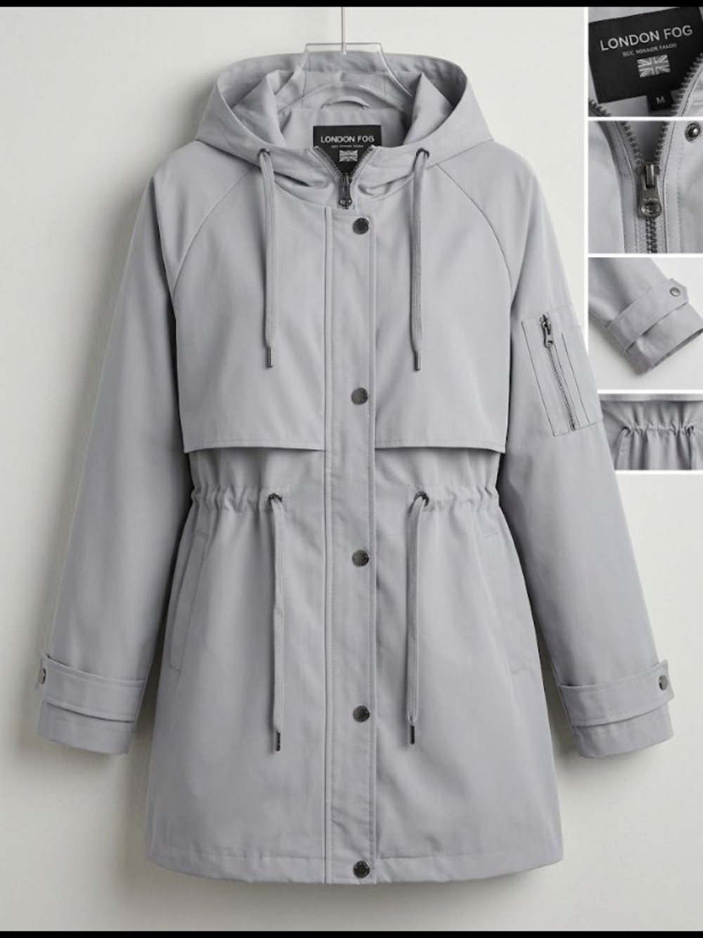 London Fog Light Grey Hooded Cinched-Waist Water Resistant Jacket (Sz M)